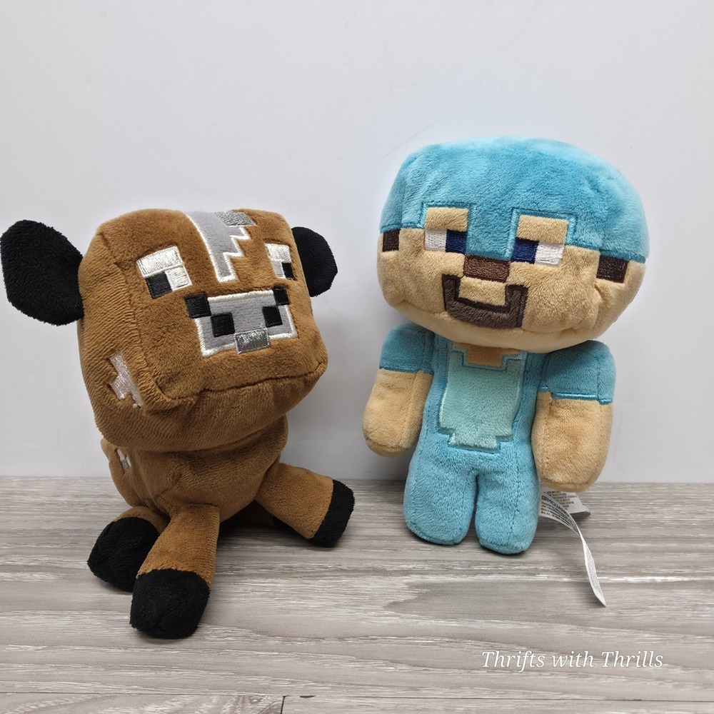 JINX Minecraft Happy Explorer Blue Diamond Steve + Baby Cow - Mojang Plushies